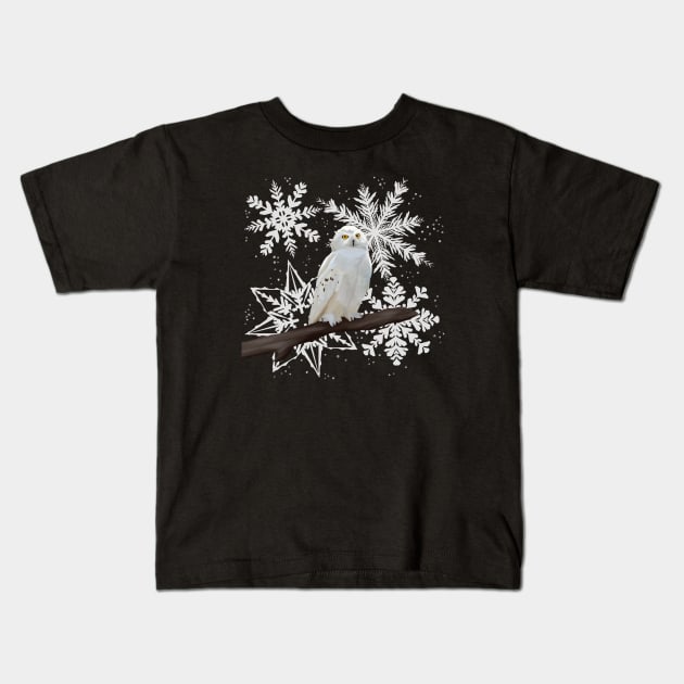 Snowy owl on snowflake pattern Kids T-Shirt by Suneldesigns